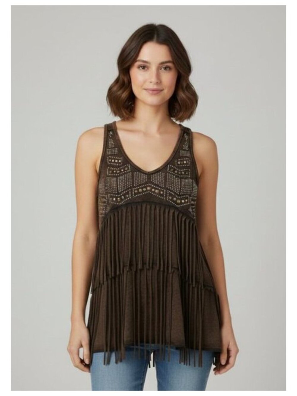 T PARTY Mineral Wash Brown Fringe Rhinestone Sleeveless Tank Women S NEW